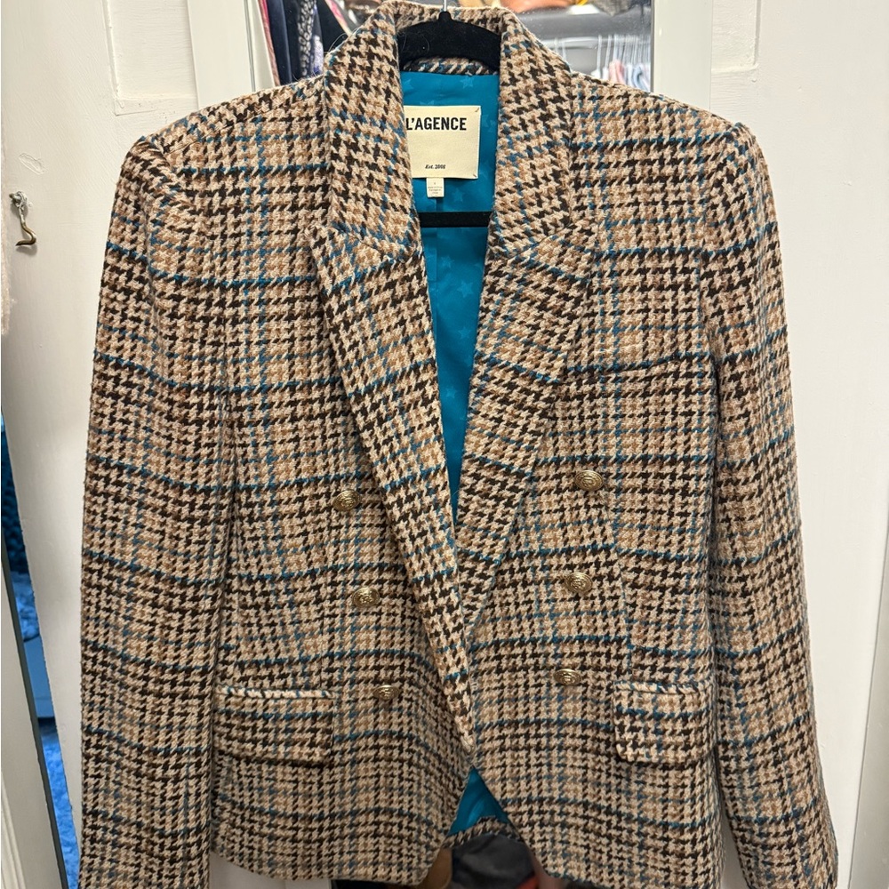 L'AGENCE Women's Houndstooth Double-Breasted Blazer - Beige & Blue EUC
